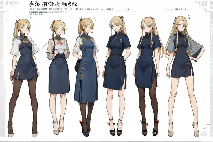 stockings，pantyhose，（whole body，character design sheet，front），cheongsam，High slit，deep v，