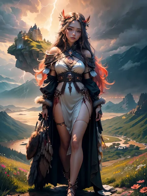 standing woman, female model standing on mountain, EAUTIFUL WOMAN on the mountain, sunset sky, red sunset clouds, sunset, long hair in the wind, eagle feathers, eagle queen, ((goddess dressed in eagle feathers)), fantasy, overexposure, perfect eyes, colors...