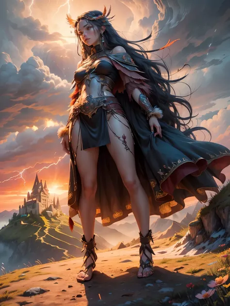 standing woman, female model standing on mountain, EAUTIFUL WOMAN on the mountain, sunset sky, red sunset clouds, sunset, long hair in the wind, eagle feathers, eagle queen, ((goddess dressed in eagle feathers)), fantasy, overexposure, perfect eyes, colors...