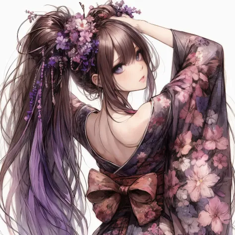 anime girl with long hair and purple flowers in her hair, beautiful anime girl, beautiful anime woman, beautiful anime artwork, ...