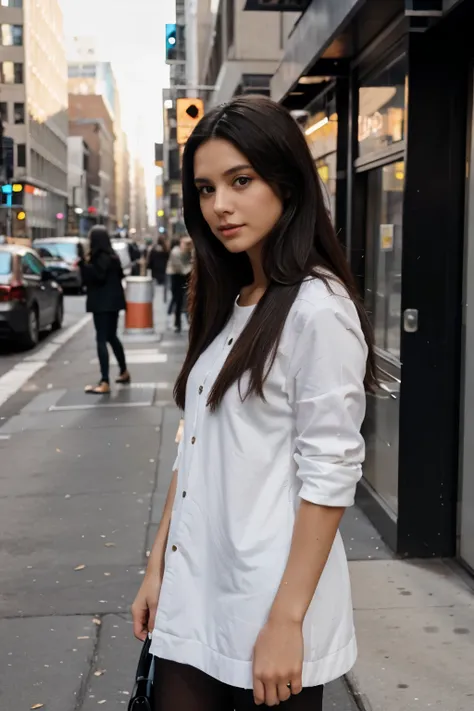 A woman on the streets of New York on a fall day, con ropa elegante, brunette with long, straight black hair. Video realista