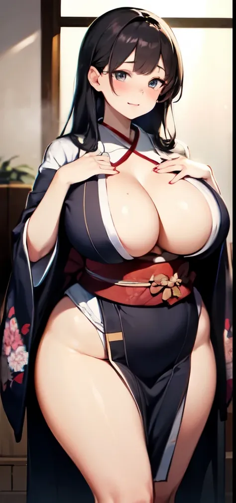 A beautiful woman in a kimono with large breasts and a plump body that is sexy