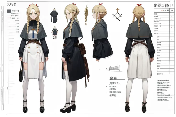 pantyhose，High slit，leather shoes，nuns clothing，cross， （whole body，character design sheet，front，back，side），Leather jacket，White，White衣服