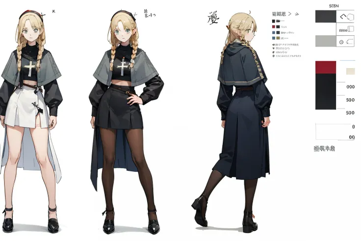 pantyhose，High slit，leather shoes，nuns clothing，cross， （whole body，character design sheet，front，back，side），Leather jacket，White，White衣服