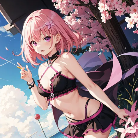 Momo Belia Deviluke has short pink hair and purple eyes. In the To LOVE-Ru manga, straightened her hair out  She also has two small flowers on her hair. 