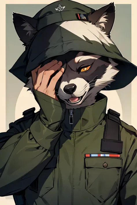 raccoon in military uniform covers his eyes with his paws