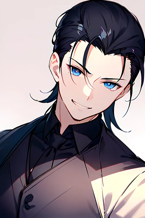 1boy,solo,1boy,solo,((detailed eyes)), blue eyes, (detailed light),depth of field,(black hair), hair slicked back,long hair,black kimino ,wet, devilish smile, white background,falling,sketch,upper body,intense shadows