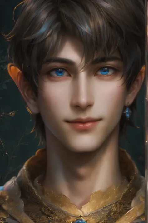 ((absurdres, highres, ultra detailed, perfect face), 1 boy , front view, young boy, handsome boy villain character from prince of Persia, short hair, anime eyes, celestial clothes with colorful details,  eyes on the viewer, add red details to picture and s...