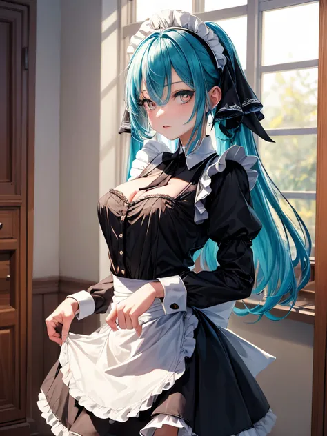 ((best quality)),((masterpiece)),((strikingly beautiful)),1girl, solo, high quality, masterpiece, skinny, black maid outfit, shirtlift, cyan hair, heart-shaped_pupils, indoors