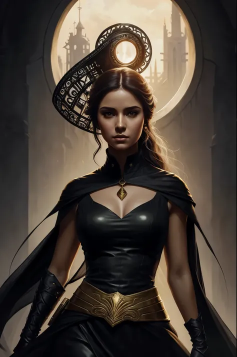 Mujer arafed con un halo dorado y vestido negro., hermosa pintura de personajes, impresionante arte de personajes, pintura detallada 4k, Arte digital 4k muy detallado, fanart best art station, fanart exquisito muy detallado, por Yang J., awesome digital il...