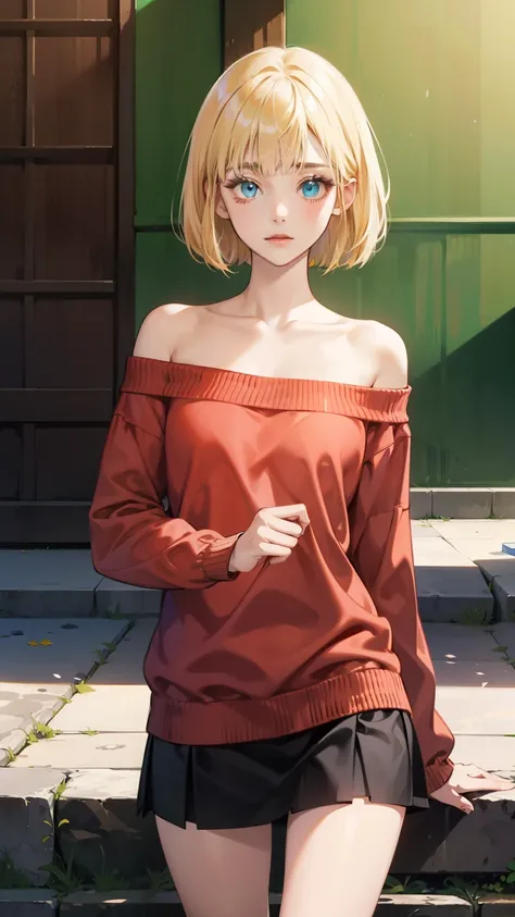 best quality,anime screencap,solo,woman,slender, pale skin,blonde hair,bob hair,blue eys,small breasts,cowboy shot,masterpiece,blunt bangs,miniskirt,red sweater,off-shoulder,