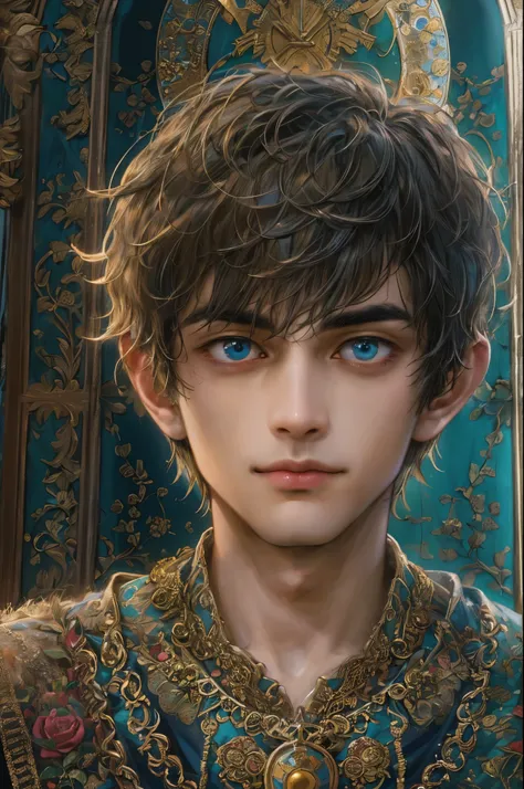 ((absurdres, highres, ultra detailed, perfect face), 1 boy , front view, young boy, handsome boy villain character from prince of Persia, short hair, anime eyes, celestial clothes with colorful details,  eyes on the viewer, add red details to picture and s...