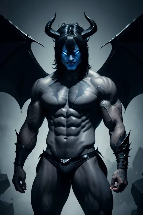 Devil Man　black underwear　has horns on its head　Cat&#39;eyes　blue skin and muscles　bat wings on the back　with an evil smile　dungeon style background, Hmm, retina, masterpiece, Accurate, anatomically correct, rough skin, Super detailed, advanced details, hi...