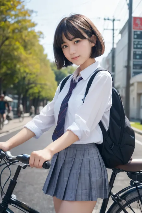 morning、Commuting to school、student、girl、skirt、uniform、bicycle、bicycleに乗るgirl、pants、underwear、high resolution、short hair、front、bicycleを漕ぐ、highest quality,perfect masterpiece,perfect artwork,Official work,8k,, (bicycleに乗る:1.3),((Seen from the front:1.5)),de...