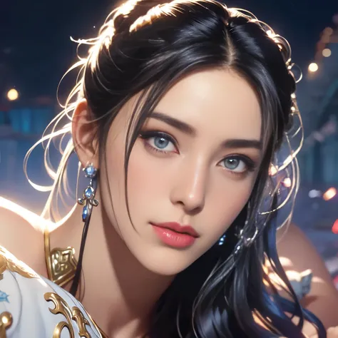 Woman, long curly hair, black hair, blue masterpiece, best quality, (extremely detailed CG unity 8k wallpaper, masterpiece, best quality, ultra-detailed ), (detailed background), (beautiful detailed face, beautiful detailed eyes), (best illumination, an ex...