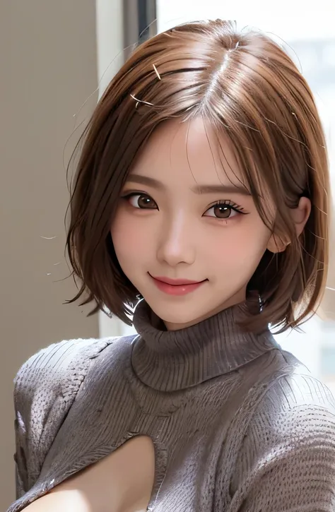 table top, highest quality, figure, super detailed, small details, High resolution, 8k wallpaper, 1 girl, alone, japanese girl, 18-year-old, 完璧なダイナミックな構figure, detailed and beautiful eyes, round big eyes, droopy eyes, natural lip, (Sweater with an oval ope...