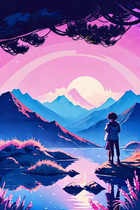 A couple appreciating Japanese anime style themed scenery with pink colors, violeta, azul y negro.