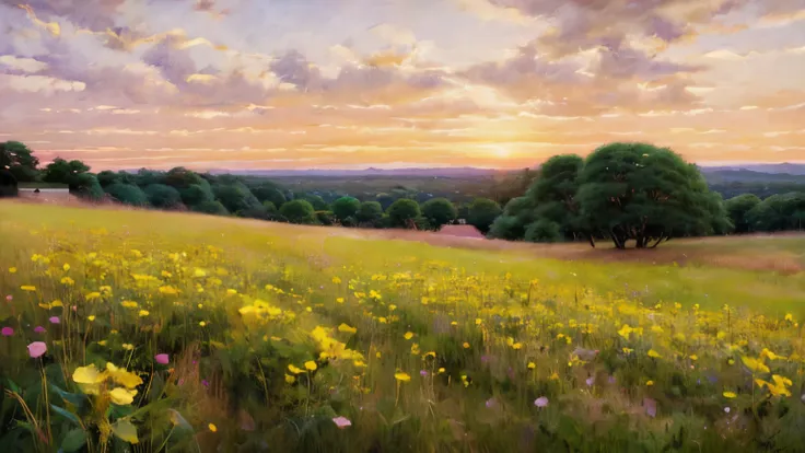 Realistic, realistic, Beautiful and wonderful landscape oil painting by Studio Ghibli Hayao Miyazaki, romantic sunset, purple sky, rose red sun, clear cloudless sky, yellow flowers, grass yellow, looking up at the sky