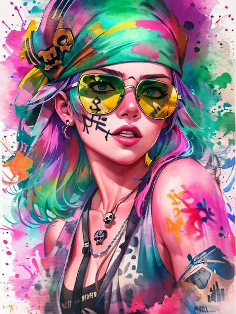 watercolor painting, 8K resolution、((highest quality))、((masterpiece))、((Super detailed))、1 female、alone、incredibly absurd、 (((The most beautiful pirate girl ever))), (((The background is a skull doodle))), (((Stylish sunglasses))), pirate hat,neon、short c...