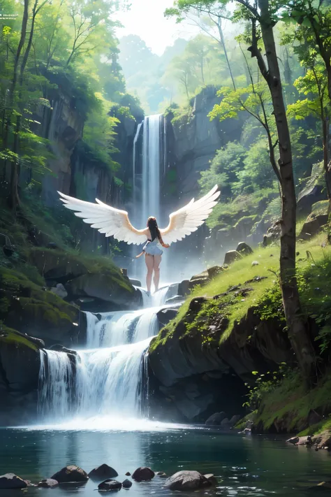 (8k RAW photo,best quality, masterpiece:1.2), (realistic, photo-realistic:1.37), Huge waterfalls, angels with outstretched wings floating in the dense forest deep in the mountains, light falling in lines, miraculously beautiful and majestic,