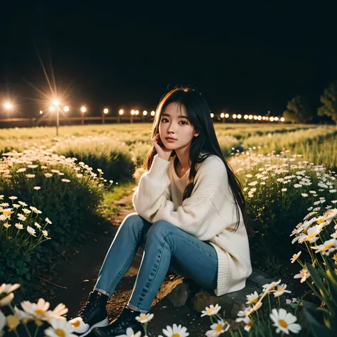 generate img
 TYPE : Beauty Photography
THEME : fairy lights
RACE : Indonesian, young
PERSON 1 : Early 20s, woman
SCENE : outdoor , darkness of night , sit in between tall daisies, thousands of fireflies perch and light up the surroundings, creating an bea...