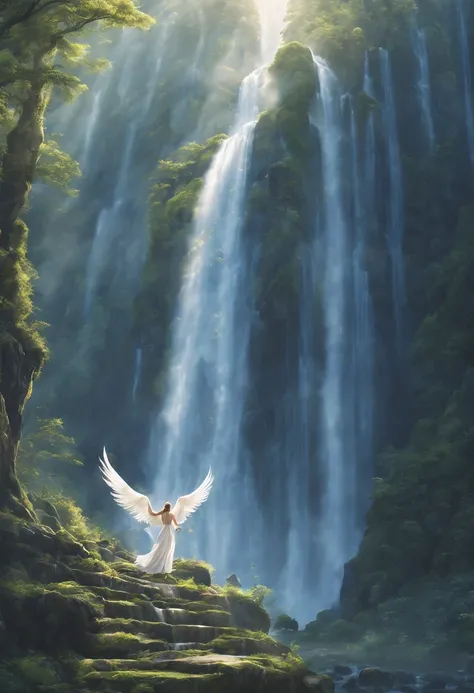 Huge waterfalls, angels with outstretched wings floating in the dense forest deep in the mountains, light falling in lines, miraculously beautiful and majestic,