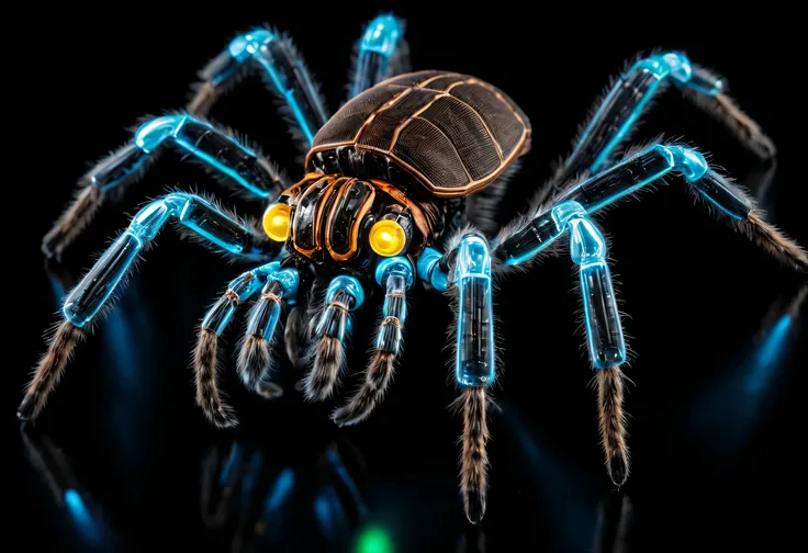 whole body, Pure black background, The combination of biology and machinery, Transparent Mechanical Tarantula, The internal structure is complex and precise, glowing neon light, (Luminous electronic components)