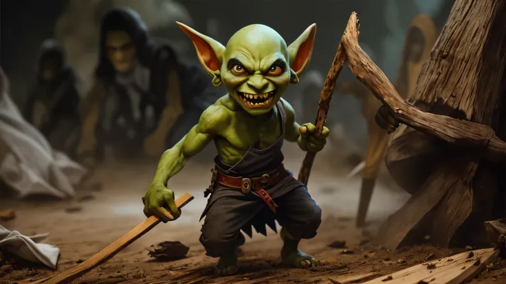 (master piece), 8k, best quality, panoramic view, Goblins, caramel, black and malicious eyes, evil, huge pointed ears, sharp teeth, bald, thin, 1 meter, 1.20 cm tall, dirty torn cloth clothing, fighting , holding a piece of wood with nail,