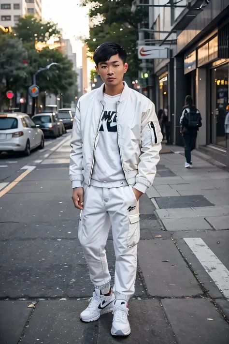 Scenes：fullbody, long shot, 22 year old Asian boy, In the setting sun, city sidewalk, Wearing a white bomber coat, iphone 15 pro in hand, cargo pants denim, shoes nike air jordan white, Bright colors, the soft light, black eyes, Surrealism,