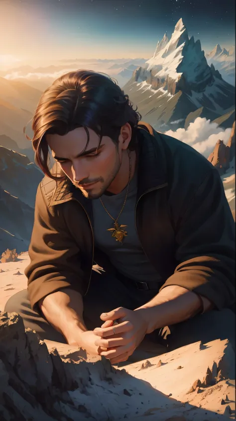 tem um homem sentado em uma pedra olhando para o celular, inspirado em Johannes Helgeson, inspired by the Hildebrandt brothers, Artgerm e Craig Mullins, artstation man aesthetic, photoestilo de arte realista, estilo de arte realista, pintura digital detalh...