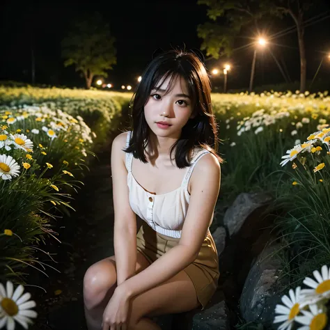 generate img
 TYPE : Beauty Photography
THEME : fairy lights
RACE : Indonesian, young
PERSON 1 : Early 20s, woman
SCENE : outdoor , darkness of night , sit in between tall daisies, thousands of fireflies perch and light up the surroundings, creating an bea...