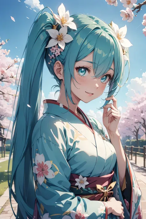 hatsune miku,twin tails,beautiful emerald green eyes,white skin,beautiful kimono,wear kimono correctly,super high quality,super ...