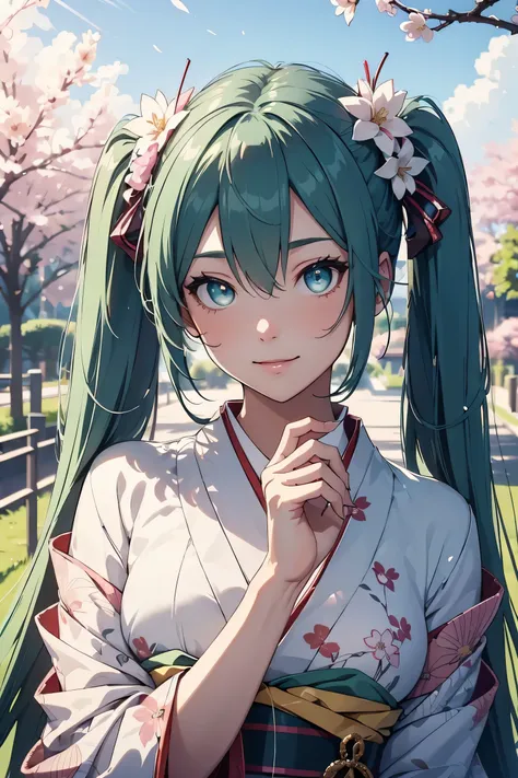 hatsune miku,twin tails,Beautiful emerald green eyes,white skin,beautiful kimono,wear kimono correctly,super high quality,super high quality,masterpiece,digital single lens reflex,realistic,Detailed details,vivid details,depicted in detail,detailed face,De...