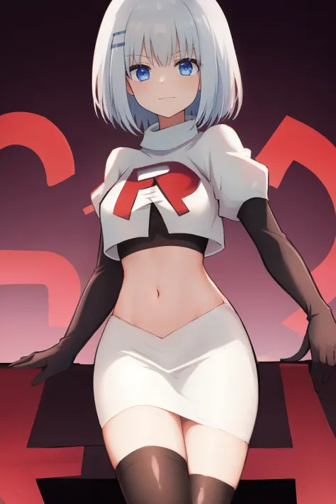 schl1, simple background, team rocket,team rocket uniform,white skirt,red letter R,crop top,black thigh-highs,black elbow gloves
