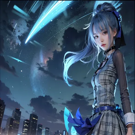 girl with blue hair and a gray dress standing in front of a city