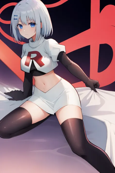 schl1,  simple background, team rocket,team rocket uniform,white skirt,red letter R,crop top,black thigh-highs,black elbow gloves