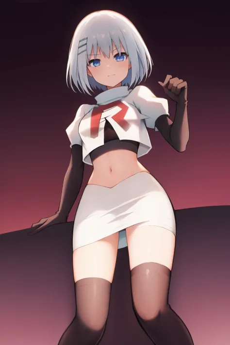 schl1, simple background, team rocket,team rocket uniform,white skirt,red letter R,crop top,black thigh-highs,black elbow gloves