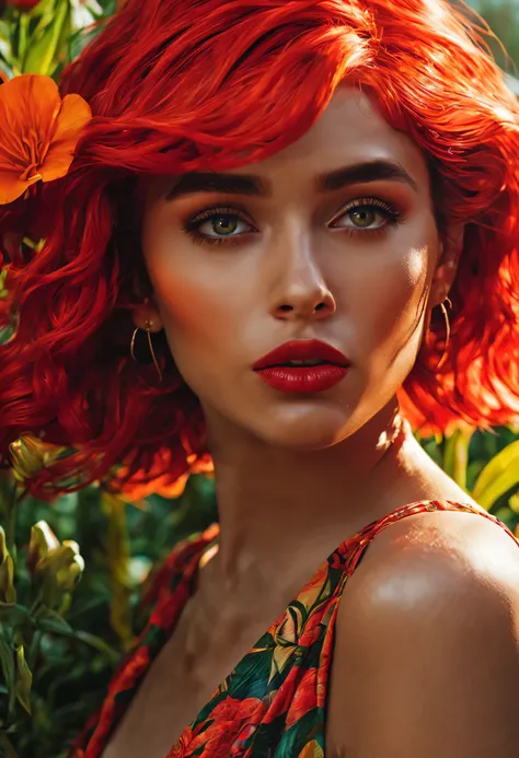 A girl with vibrant colorful hair, wearing a sexy outfit, standing in a lush garden filled with exotic flowers. She has beautiful detailed eyes that sparkle under the sunlight, and her lips are painted in a bold red color. The garden is meticulously painte...