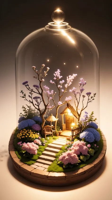 Magic garden miniature scene, with delicate flowers and softly illuminated branches,, Illuminated by happy and smiling miniatures