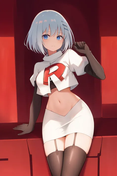 schl1, simple background, team rocket,team rocket uniform,white skirt,red letter R,crop top,black thigh-highs,black elbow gloves