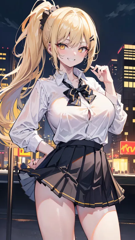 (8K、Highest image quality、highest quality、masterpiece)、detailed face、1 girl、gyaru、blonde、side ponytail、yellow eyes、evil smile、((grin))、((very big breasts、((white collared shirt))、((black pleated skirt))、cowboy shot、night downtown background