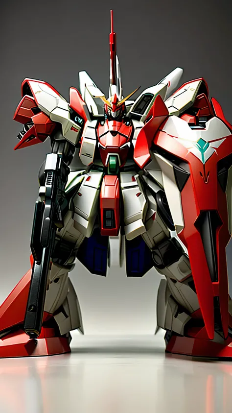 Close-up of a white and black robot with a gun, Sazabi is shaped like a windmill, mobile suit, Overall front view, red head, gunpla, 