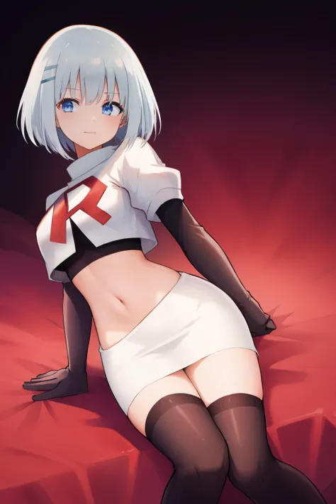schl1, simple background, team rocket,team rocket uniform,white skirt,red letter R,crop top,black thigh-highs,black elbow gloves