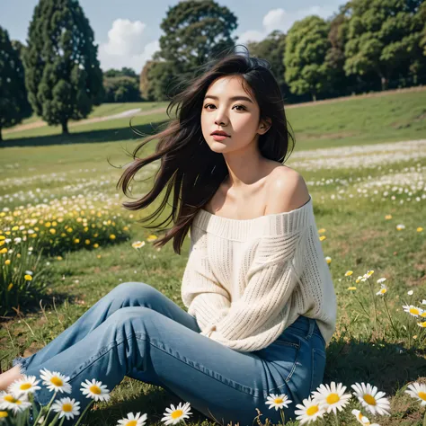 generate img
 TYPE : Beauty Photography
THEME : fairy lights
RACE : Indonesian, young
PERSON 1 : Early 20s, woman
SCENE : outdoor , sitting in the middle of a field of very tall and beautiful daisies, side view , looking at her shoulders , full filled with...