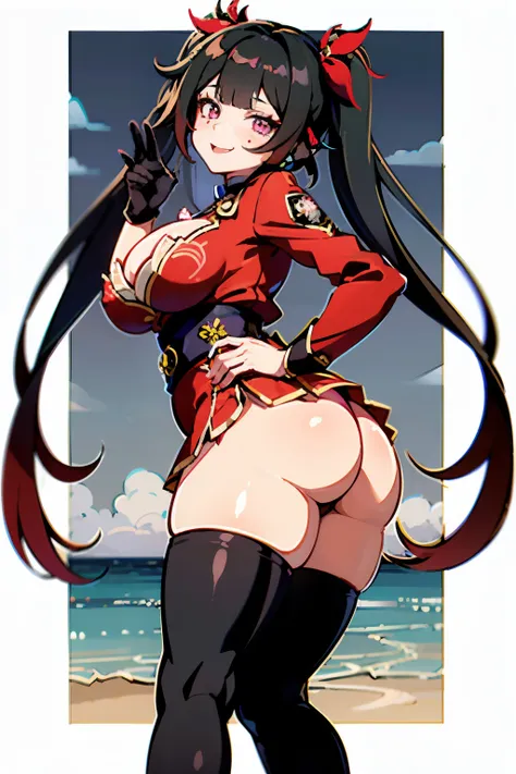 ultra high resolution、beautiful girl、bright crimson eyes(with bright highlights)、Chestnut long twin tails、perfect face、mischievous smile、doing a sexy pose、Wearing a red tight skirt、long stockings、whole body、big breasts、thick thighs、beautiful long legs、big ...