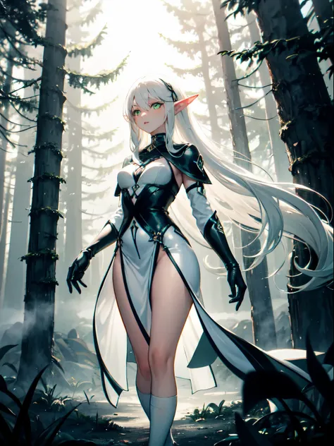 (elf), (long hair, white hair, green eyes), (dark forest, mist, fog, side lighting, best lighting), dark theme, (thin dress, sexy, thin white sock)