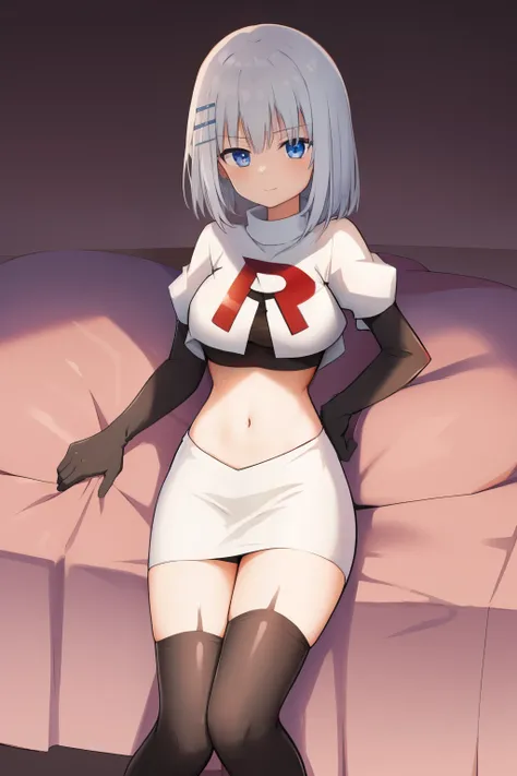 schl1, simple background, team rocket,team rocket uniform,white skirt,red letter R,crop top,black thigh-highs,black elbow gloves