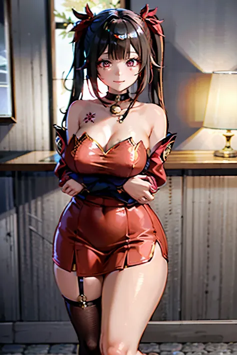 ultra high resolution、beautiful girl、bright crimson eyes(with bright highlights)、Chestnut long twin tails、perfect face、mischievous smile、doing a sexy pose、Wearing a red tight skirt、long stockings、whole body、big breasts、thick thighs、beautiful long legs、big ...