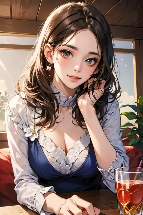 (table top, digital illustration, 4k, 8k, Super detailed, beautiful images, clear image,  perfect face, perfect lines, perfect eyes, soft lighting) 1 female, (light brown hair,chignon hair,innocent look,droopy eyebrows,droopy eyes、With a round face,round c...