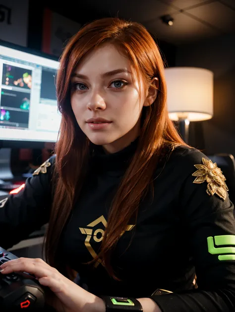 (aesthetic gaming setup,ginger woman,beautiful detailed eyes,beautiful detailed lips,comfortable posture,immersed in gaming,happy expression),3D rendering,LED lighting,highres,professional,colorful atmosphere,dynamic background scenery,ultra-detailed,photo...